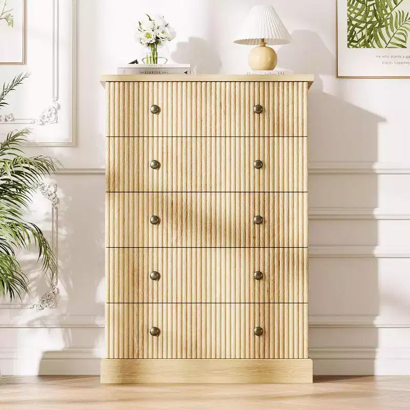 Fluted 5-Drawer Tall Dresser with Metal Handles, Space-Saving Wood Storage for Apartment and Guest Room