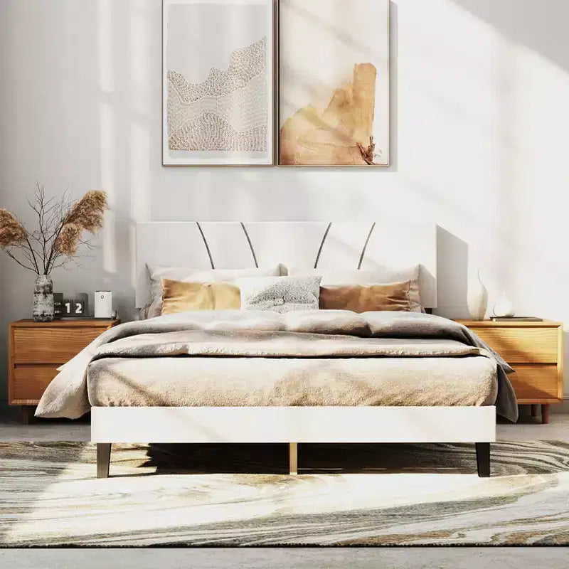Cadre de lit AEELLEEA avec tête de lit en lin et pieds en métal Sommier à lattes en bois massif Plateforme de matelas pour chambre à coucher Beige