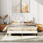 Cadre de lit AEELLEEA avec tête de lit en lin et pieds en métal Sommier à lattes en bois massif Plateforme de matelas pour chambre à coucher Beige