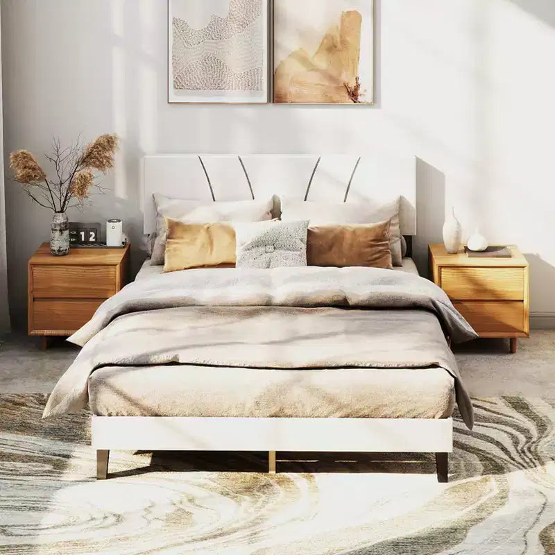 Cadre de lit AEELLEEA avec tête de lit en lin et pieds en métal Sommier à lattes en bois massif Plateforme de matelas pour chambre à coucher Beige