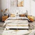 Cadre de lit AEELLEEA avec tête de lit en lin et pieds en métal Sommier à lattes en bois massif Plateforme de matelas pour chambre à coucher Beige