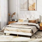 Cadre de lit AEELLEEA avec tête de lit en lin et pieds en métal Sommier à lattes en bois massif Plateforme de matelas pour chambre à coucher Beige
