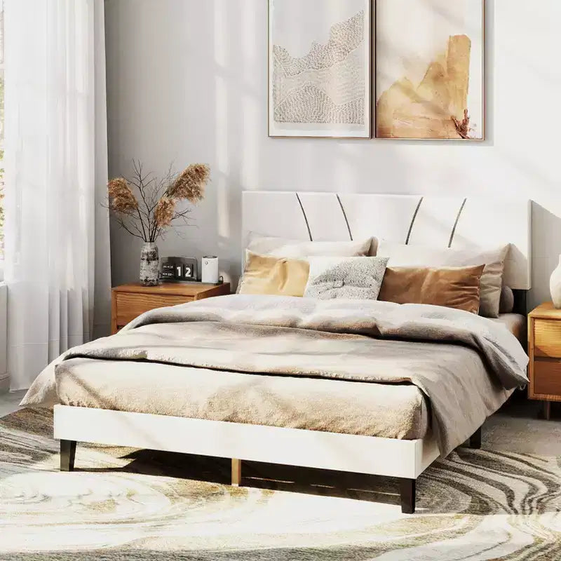Cadre de lit AEELLEEA avec tête de lit en lin et pieds en métal Sommier à lattes en bois massif Plateforme de matelas pour chambre à coucher Beige