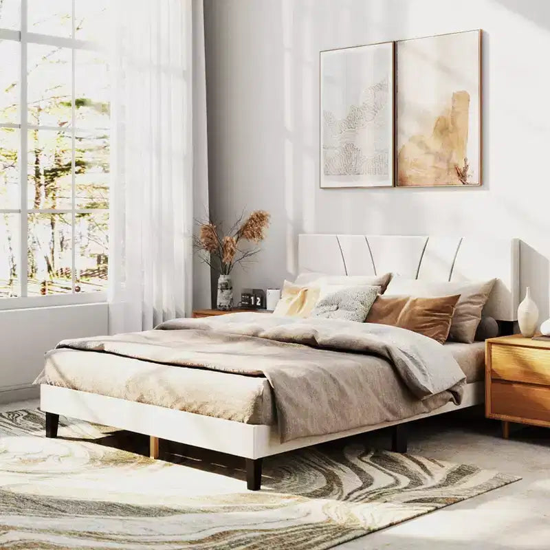 Cadre de lit AEELLEEA avec tête de lit en lin et pieds en métal Sommier à lattes en bois massif Plateforme de matelas pour chambre à coucher Beige