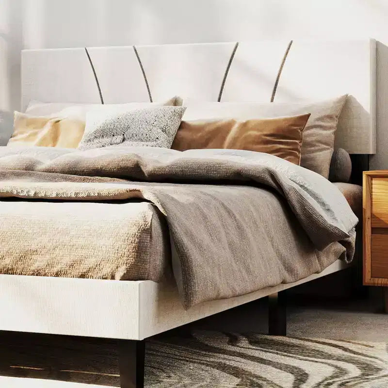 Cadre de lit AEELLEEA avec tête de lit en lin et pieds en métal Sommier à lattes en bois massif Plateforme de matelas pour chambre à coucher Beige