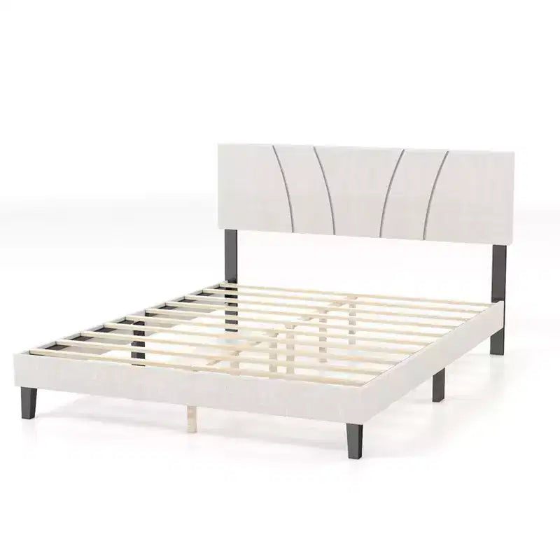 Cadre de lit AEELLEEA avec tête de lit en lin et pieds en métal Sommier à lattes en bois massif Plateforme de matelas pour chambre à coucher Beige