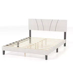 Cadre de lit AEELLEEA avec tête de lit en lin et pieds en métal Sommier à lattes en bois massif Plateforme de matelas pour chambre à coucher Beige