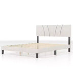 Cadre de lit AEELLEEA avec tête de lit en lin et pieds en métal Sommier à lattes en bois massif Plateforme de matelas pour chambre à coucher Beige