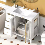 Meuble-lavabo de salle de bain 36 po avec rangement, armoire de plancher de salle de bain en bois avec tiroirs et portes à fermeture amortie,