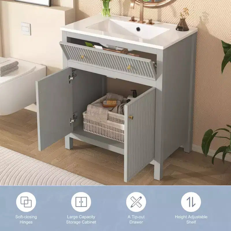Meuble-lavabo de salle de bain de 30 po avec évier, armoire de rangement de salle de bain avec tiroirs et portes à fermeture douce, meuble-lavabo simple, gris