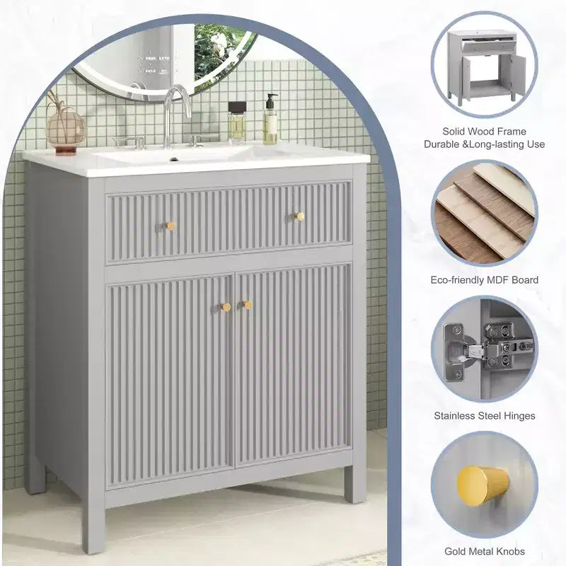 Meuble-lavabo de salle de bain de 30 po avec évier, armoire de rangement de salle de bain avec tiroirs et portes à fermeture douce, meuble-lavabo simple, gris