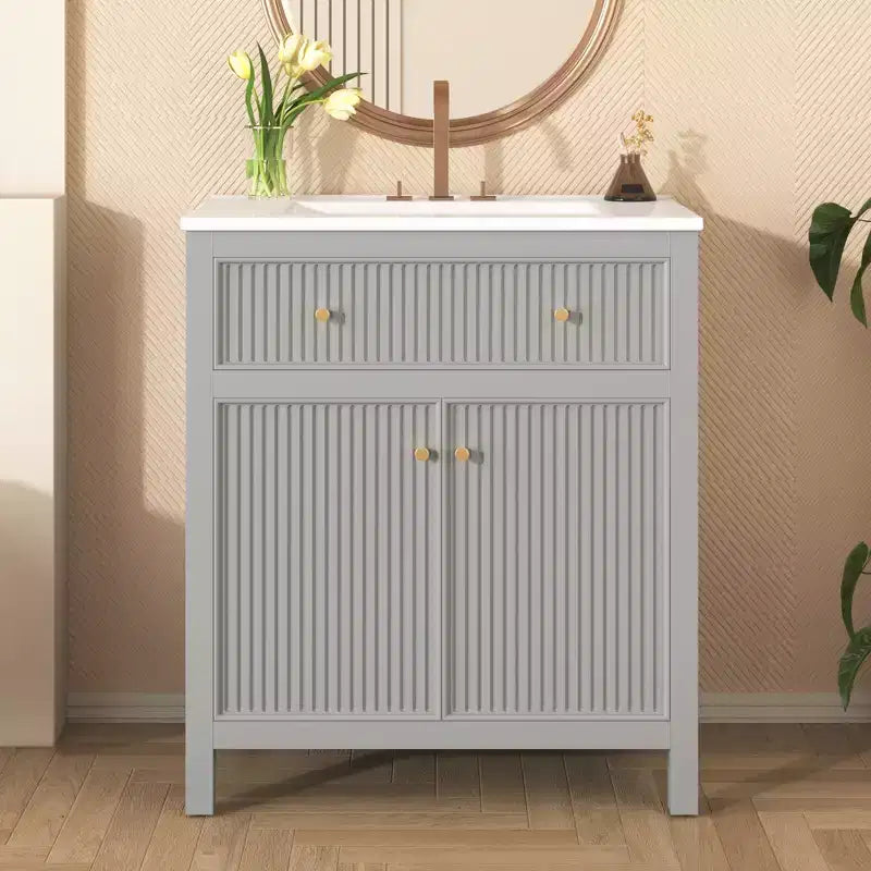Meuble-lavabo de salle de bain de 30 po avec évier, armoire de rangement de salle de bain avec tiroirs et portes à fermeture douce, meuble-lavabo simple, gris