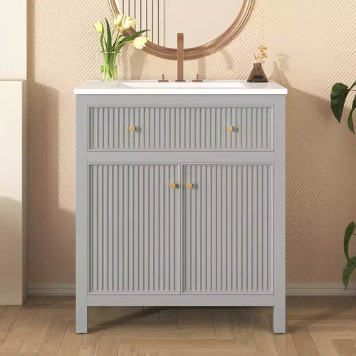 Meuble-lavabo de salle de bain de 30 po avec évier, armoire de rangement de salle de bain avec tiroirs et portes à fermeture douce, meuble-lavabo simple, gris