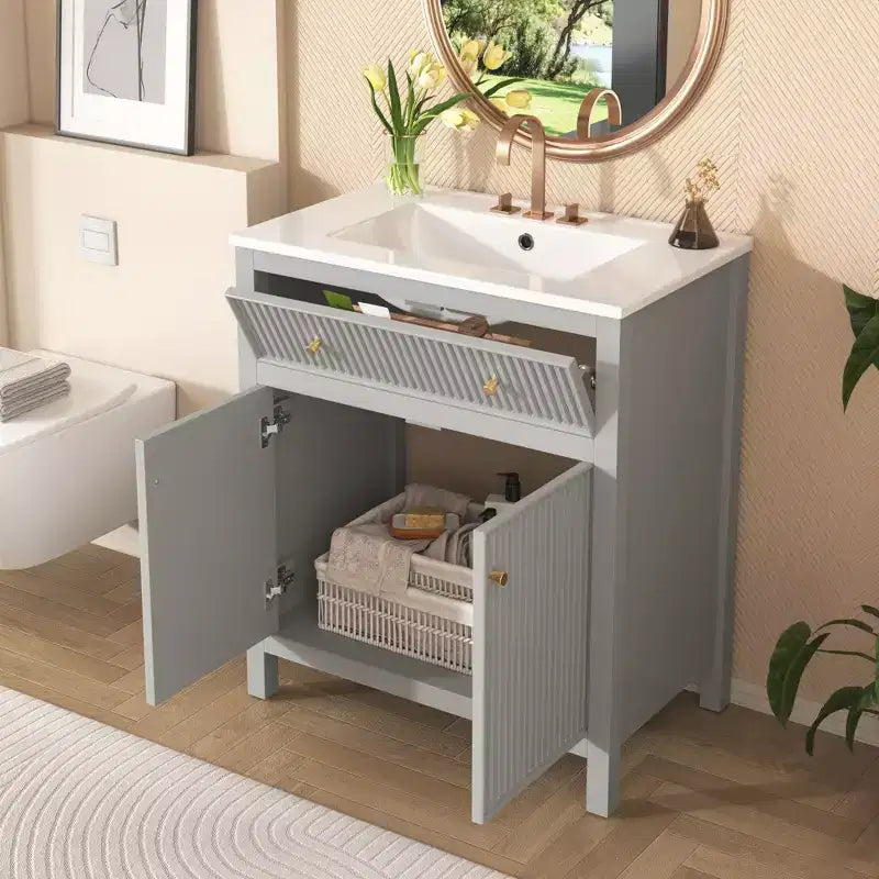 Meuble-lavabo de salle de bain de 30 po avec évier, armoire de rangement de salle de bain avec tiroirs et portes à fermeture douce, meuble-lavabo simple, gris