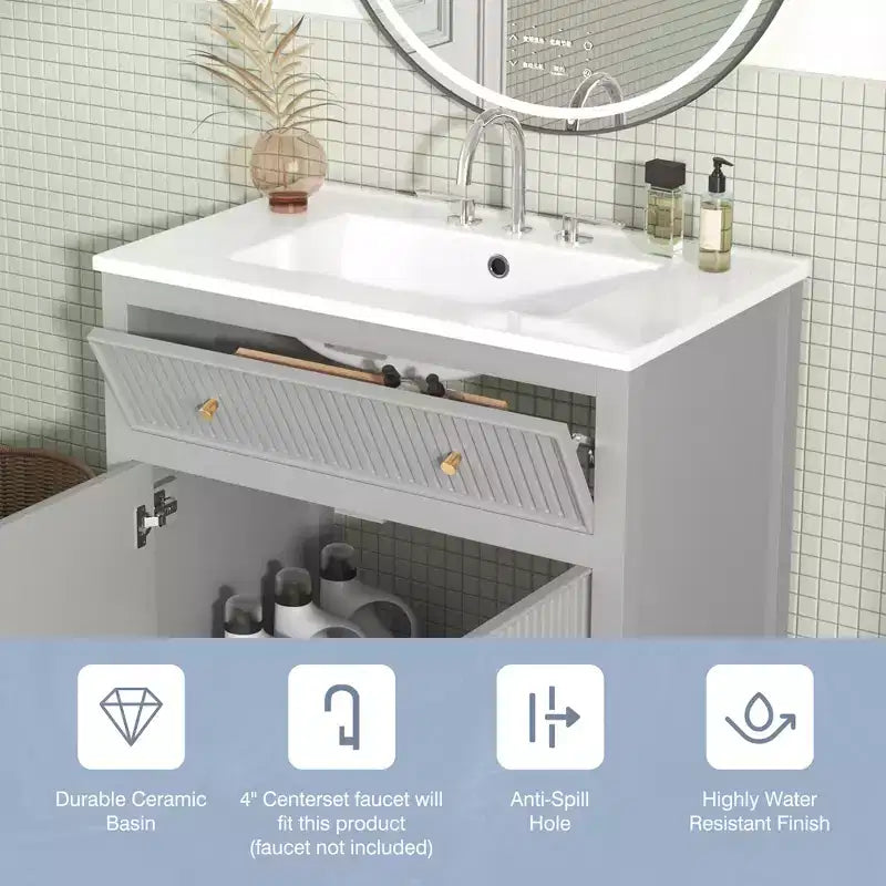Meuble-lavabo de salle de bain de 30 po avec évier, armoire de rangement de salle de bain avec tiroirs et portes à fermeture douce, meuble-lavabo simple, gris