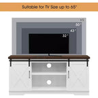 Meuble TV de style rustique pour téléviseurs jusqu'à 65 pouces, meuble de divertissement avec portes coulissantes de grange, armoires de rangement réglables, blanc et marron