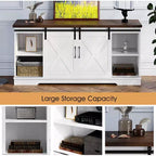 Meuble TV de style rustique pour téléviseurs jusqu'à 65 pouces, meuble de divertissement avec portes coulissantes de grange, armoires de rangement réglables, blanc et marron