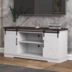 Meuble TV de style rustique pour téléviseurs jusqu'à 65 pouces, meuble de divertissement avec portes coulissantes de grange, armoires de rangement réglables, blanc et marron