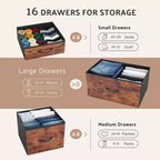 Commode de rangement haute TUYOHW à 16 tiroirs, commode en acier robuste avec plateau en bois pour placards et chambre à coucher, tiroirs de 3 tailles, capacité de 15,9 kg