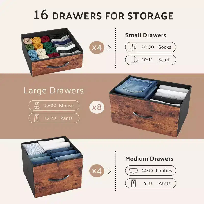 Commode de rangement haute TUYOHW à 16 tiroirs, commode en acier robuste avec plateau en bois pour placards et chambre à coucher, tiroirs de 3 tailles, capacité de 15,9 kg
