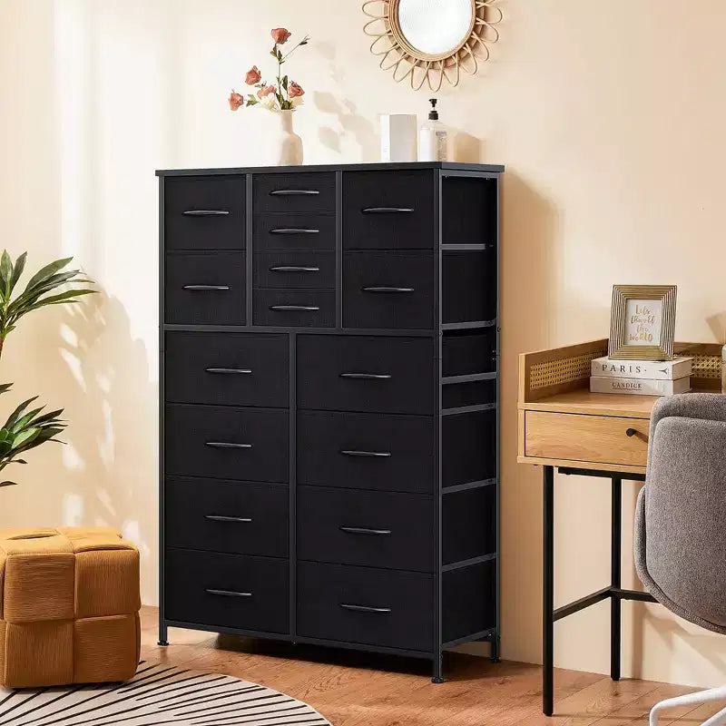 Commode de rangement haute TUYOHW à 16 tiroirs, commode en acier robuste avec plateau en bois pour placards et chambre à coucher, tiroirs de 3 tailles, capacité de 15,9 kg
