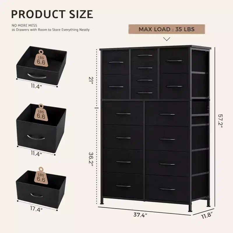 Commode de rangement haute TUYOHW à 16 tiroirs, commode en acier robuste avec plateau en bois pour placards et chambre à coucher, tiroirs de 3 tailles, capacité de 15,9 kg