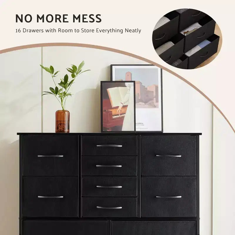 Commode de rangement haute TUYOHW à 16 tiroirs, commode en acier robuste avec plateau en bois pour placards et chambre à coucher, tiroirs de 3 tailles, capacité de 15,9 kg