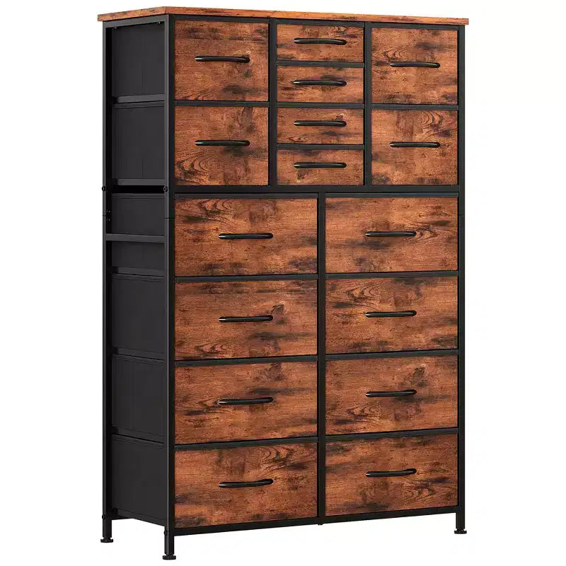 Commode de rangement haute TUYOHW à 16 tiroirs, commode en acier robuste avec plateau en bois pour placards et chambre à coucher, tiroirs de 3 tailles, capacité de 15,9 kg