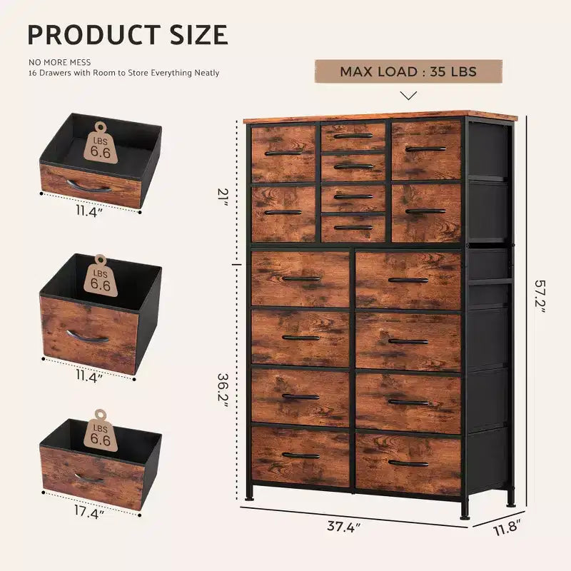 Commode de rangement haute TUYOHW à 16 tiroirs, commode en acier robuste avec plateau en bois pour placards et chambre à coucher, tiroirs de 3 tailles, capacité de 15,9 kg