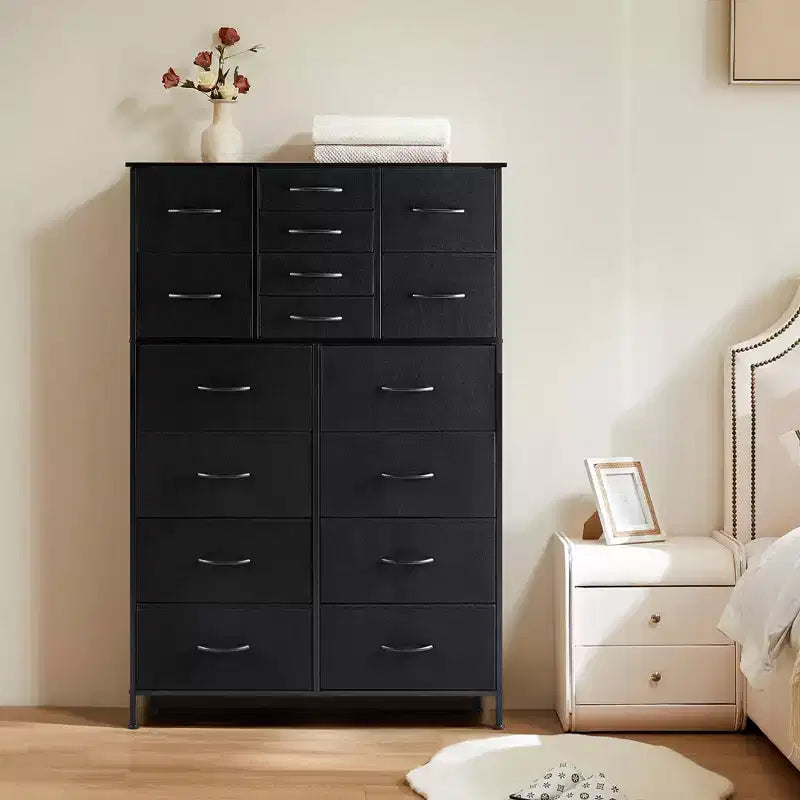 Commode de rangement haute TUYOHW à 16 tiroirs, commode en acier robuste avec plateau en bois pour placards et chambre à coucher, tiroirs de 3 tailles, capacité de 15,9 kg