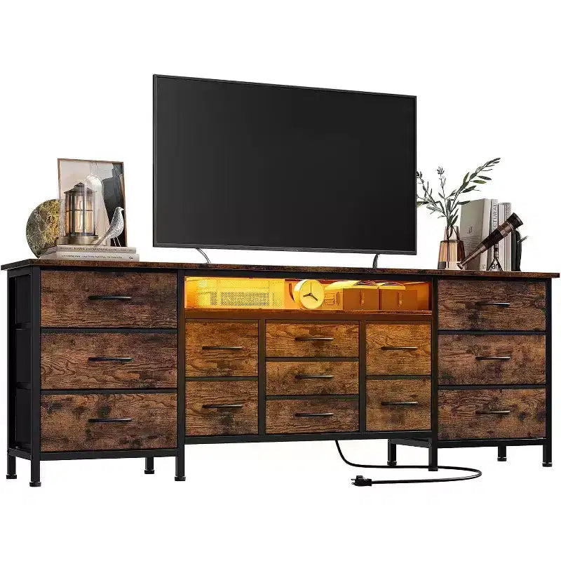 Meuble TV long Acekool à 13 tiroirs avec prise de courant, grand meuble de rangement pour chambre, salon, entrée