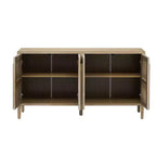 Buffet à 4 portes de 60 pouces, poignée dissimulée, buffet de rangement distinctif en placage de frêne massif, meuble TV de style ferme, couleur naturelle