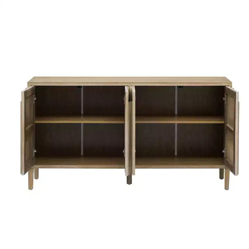 Buffet à 4 portes de 60 pouces, poignée dissimulée, buffet de rangement distinctif en placage de frêne massif, meuble TV de style ferme, couleur naturelle