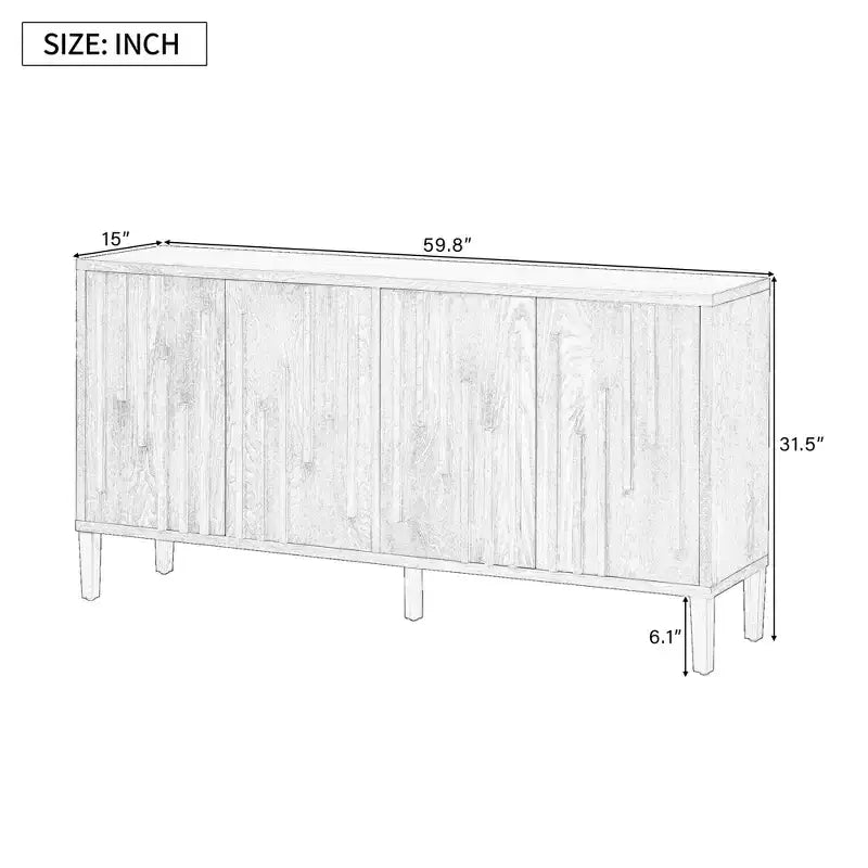 Buffet à 4 portes de 60 pouces, poignée dissimulée, buffet de rangement distinctif en placage de frêne massif, meuble TV de style ferme, couleur naturelle