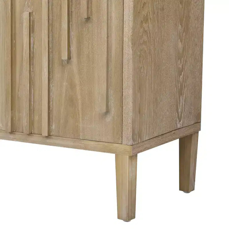 Buffet à 4 portes de 60 pouces, poignée dissimulée, buffet de rangement distinctif en placage de frêne massif, meuble TV de style ferme, couleur naturelle