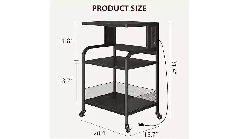 Meuble d'imprimante à 3 niveaux robuste avec roulettes, capacité de 68 kg, support d'imprimante avec pieds réglables, étagère de rangement industrielle en métal