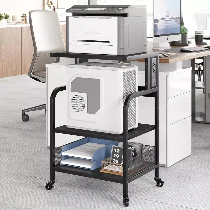 Meuble d'imprimante à 3 niveaux robuste avec roulettes, capacité de 68 kg, support d'imprimante avec pieds réglables, étagère de rangement industrielle en métal