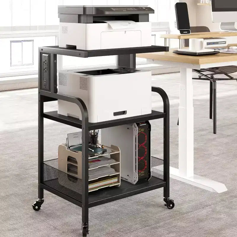 Meuble d'imprimante à 3 niveaux robuste avec roulettes, capacité de 68 kg, support d'imprimante avec pieds réglables, étagère de rangement industrielle en métal