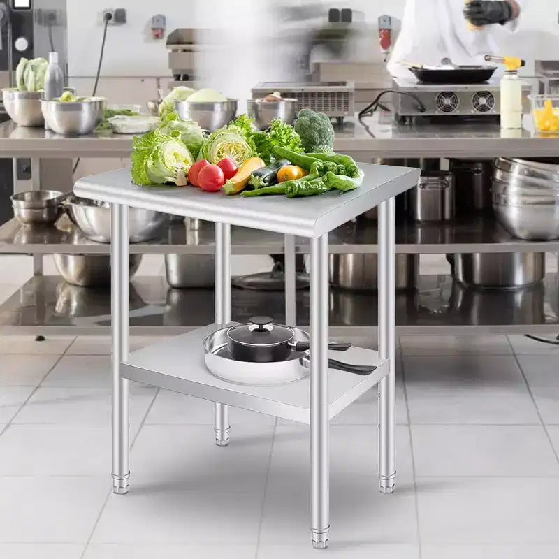 Table de travail en acier inoxydable avec roues, établi commercial robuste, réglable, convient aux restaurants, cuisines, bars, garages