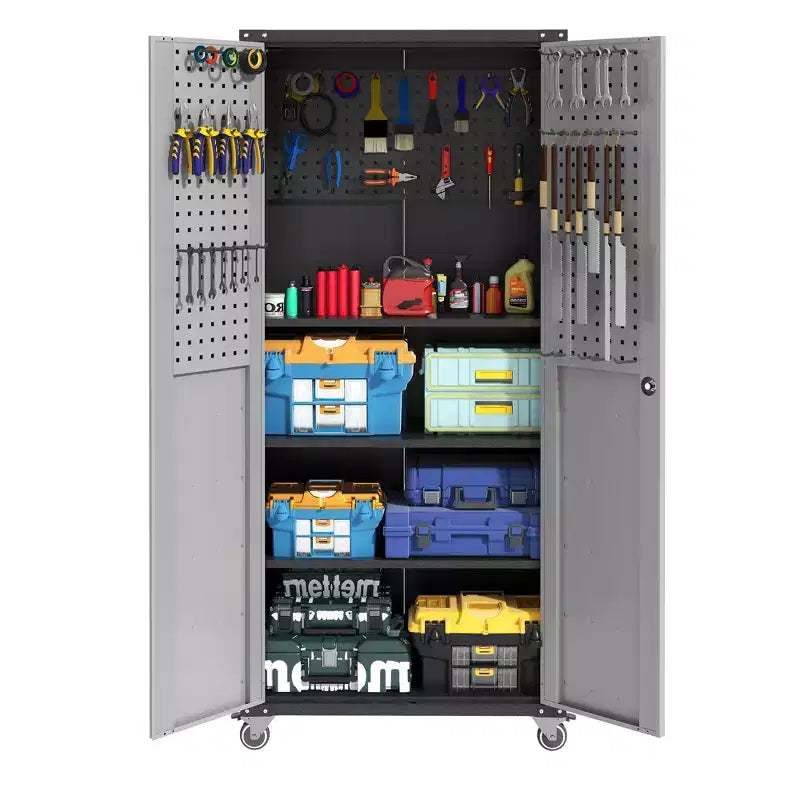 VIYET 71H Armoire de rangement en acier robuste avec roulettes et serrure - Étagères réglables, portes battantes, organiseur mobile pour garage/maison/bureau/école