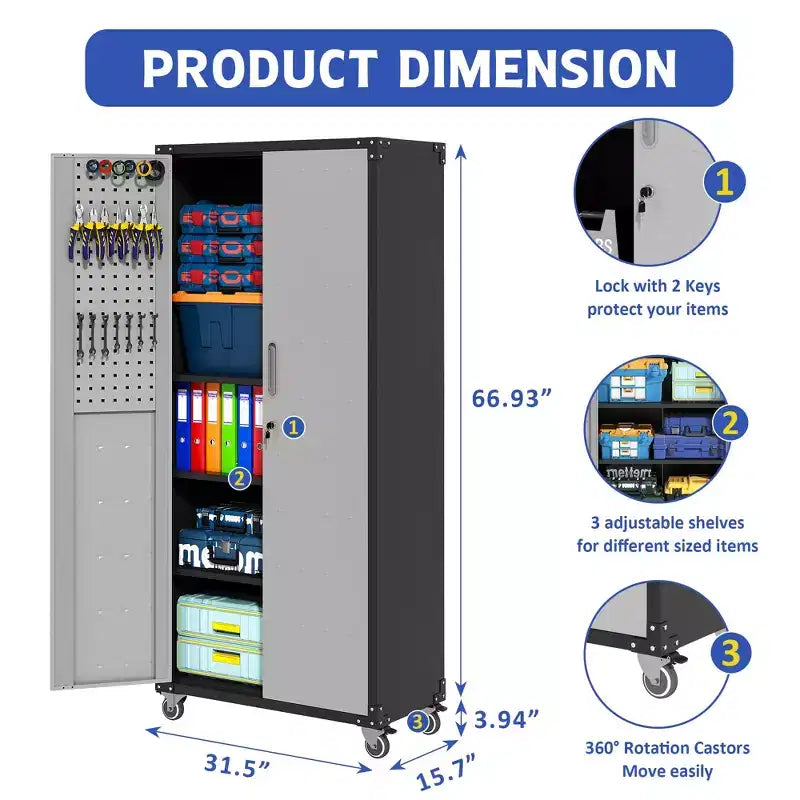VIYET 71H Armoire de rangement en acier robuste avec roulettes et serrure - Étagères réglables, portes battantes, organiseur mobile pour garage/maison/bureau/école