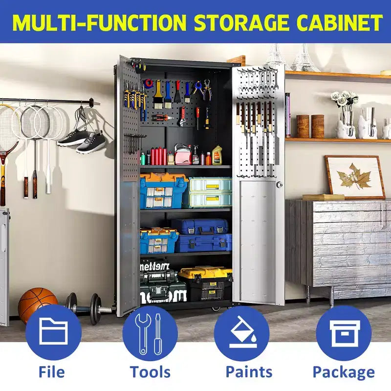 VIYET 71H Armoire de rangement en acier robuste avec roulettes et serrure - Étagères réglables, portes battantes, organiseur mobile pour garage/maison/bureau/école