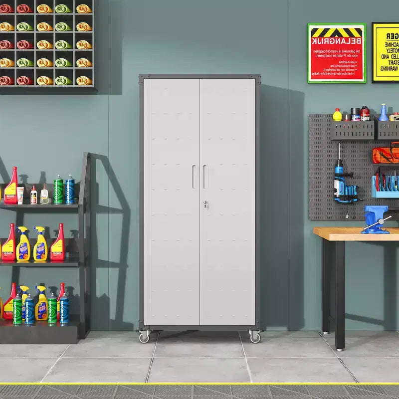 VIYET 71H Armoire de rangement en acier robuste avec roulettes et serrure - Étagères réglables, portes battantes, organiseur mobile pour garage/maison/bureau/école