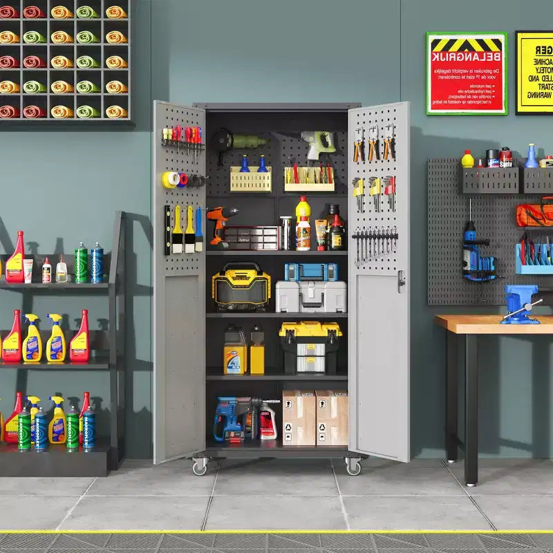 VIYET 71H Armoire de rangement en acier robuste avec roulettes et serrure - Étagères réglables, portes battantes, organiseur mobile pour garage/maison/bureau/école