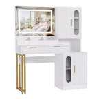 GustoWave Vanity Desk with Mirror, Fluted Modern Makeup Table, Drawers & Cabinets, 3-Color LED Lighting, Large Storage Capacity