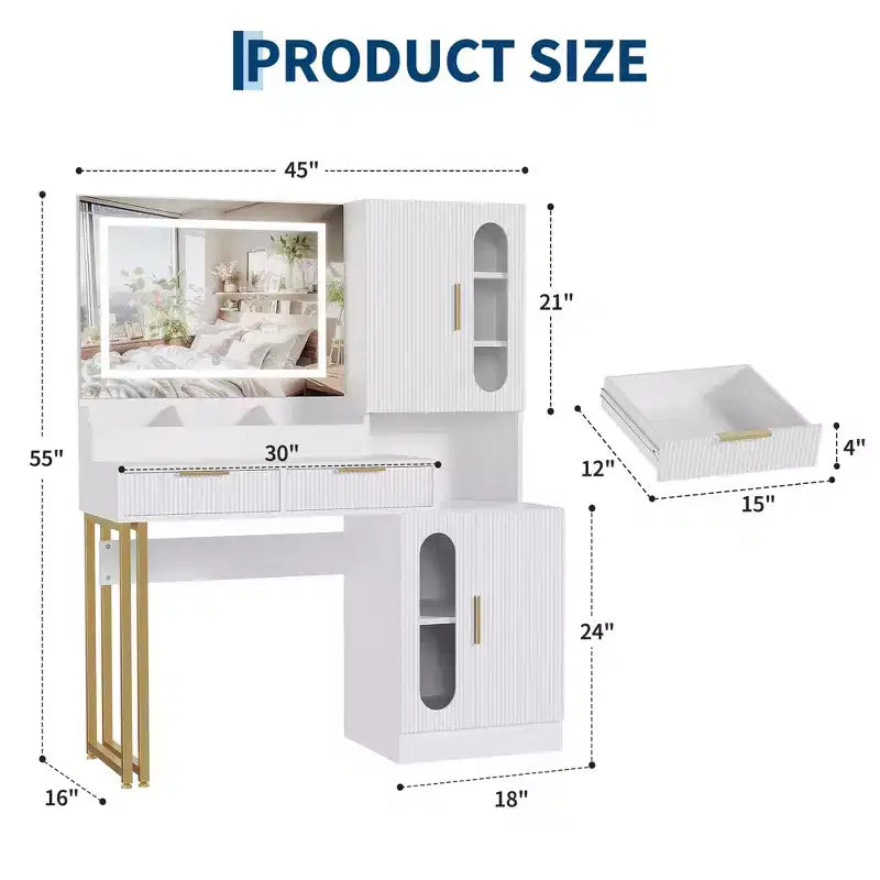 Coiffeuse GustoWave avec miroir, table de maquillage moderne cannelée, tiroirs et armoires, éclairage LED 3 couleurs, grande capacité de rangement