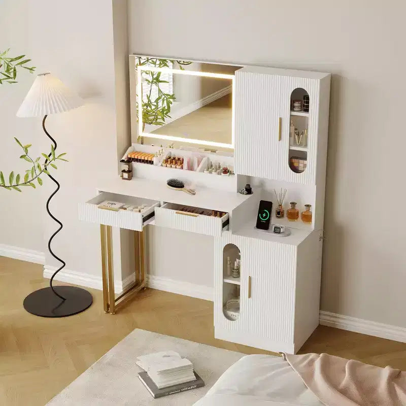 Coiffeuse GustoWave avec miroir, table de maquillage moderne cannelée, tiroirs et armoires, éclairage LED 3 couleurs, grande capacité de rangement