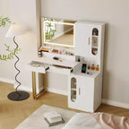 Coiffeuse GustoWave avec miroir, table de maquillage moderne cannelée, tiroirs et armoires, éclairage LED 3 couleurs, grande capacité de rangement