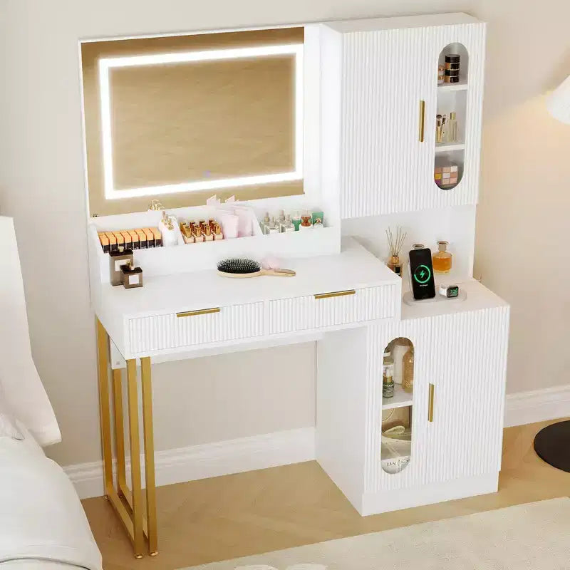 Coiffeuse GustoWave avec miroir, table de maquillage moderne cannelée, tiroirs et armoires, éclairage LED 3 couleurs, grande capacité de rangement