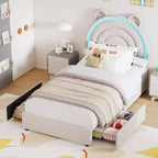 Cadre de lit double rembourré avec 2 tiroirs de rangement et tête de lit arc-en-ciel LED, lit plateforme pour enfants, support à lattes en bois massif, pas besoin de sommier tapissier